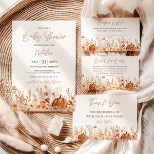 Fall Baby In Bloom Baby Shower Invitation Set | Editable Autumn Boho Baby In Bloom Baby Shower Invitation | Pumpkin Baby Shower Invitation