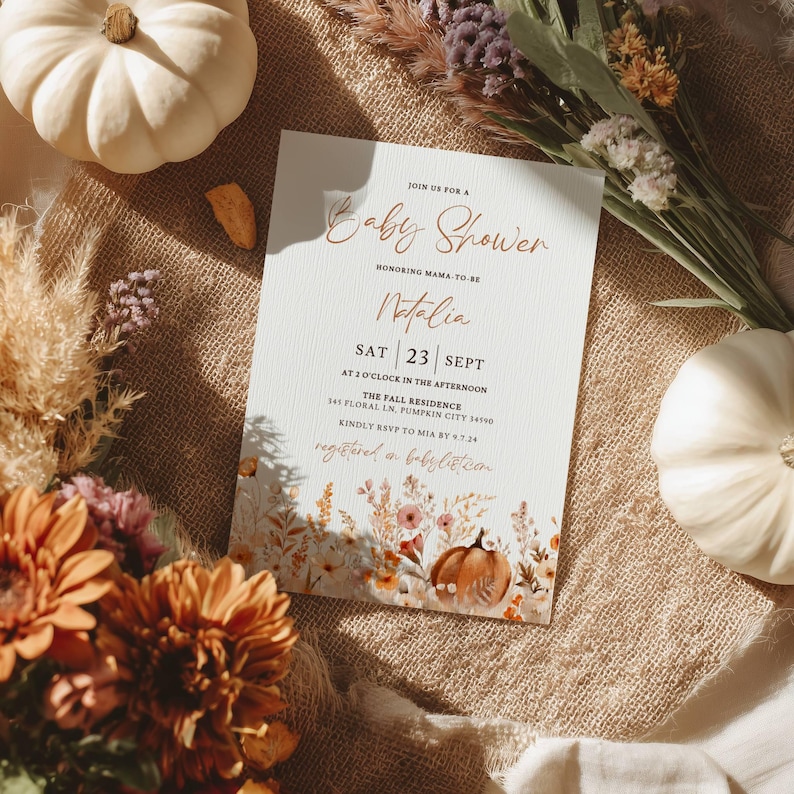 Fall Baby Shower Invitation: Boho Pumpkin Floral Theme (5x7 in, Editable Template) image 2