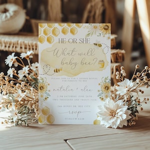 Bearbeitbar Was wird Baby Bee Gender Reveal Einladung | Eltern zu Bee Baby Evite | Druckbar und digital, was Baby Bee Geschlecht offenbaren