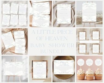 May include: A collection of baby shower stationery and decorations. The bundle includes invitations, thank you cards, and signs with a soft blue and white cloud design. The text "A Little Piece of Heaven Baby Shower Bundle" is displayed.