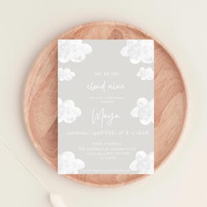 Cloud Nine Baby Shower Invitation: Neutral Watercolor Clouds (Editable Template)