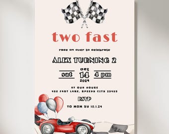 Two Fast Geburtstagseinladung: Vintage Rennauto, zweiter Geburtstag (Digital & Printable)