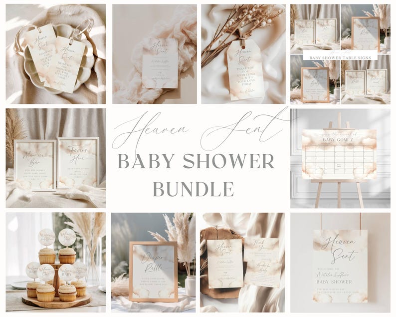 Pacchetto Baby Shower Heaven Sent: tema modificabile per Baby Shower a tema nuvola (digitale e stampabile) immagine 1