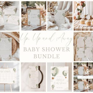May include: A baby shower bundle featuring a hot air balloon theme. The set includes invitations, games, and signs in soft green and beige tones. The text "Up, Up and Away" is visible. The decorations are designed for a baby shower.