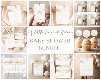 May include: A baby shower printable bundle with a celestial theme. The bundle includes invitations, thank you cards, table signs, cupcake toppers, and a calendar for guests to sign. The design features a watercolor background with clouds and gold accents.