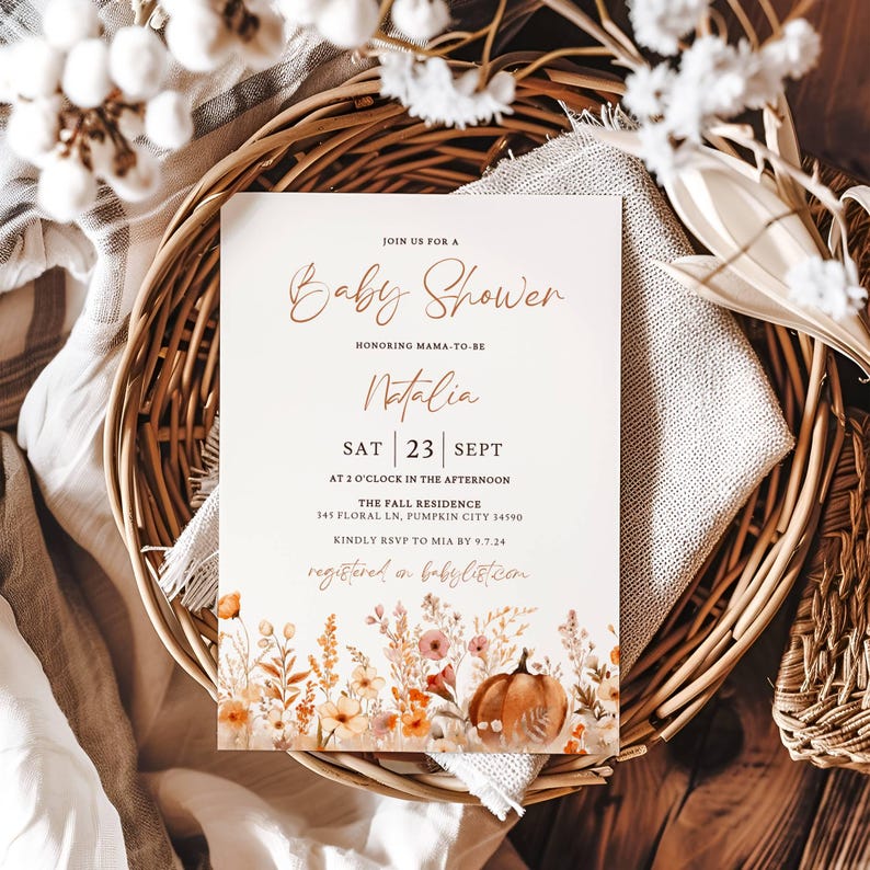 Fall Baby Shower Invitation: Boho Pumpkin Floral Theme (5x7 in, Editable Template) image 4