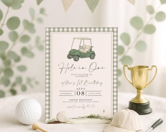 May include: A golf-themed birthday invitation featuring a green golf cart illustration and the text "Hole in One." The invitation includes details for Alex's 1st birthday, a golf ball, tee, cap, golf club, and a gold trophy.