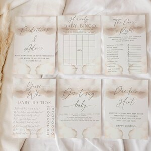 Pu&ograve; includere: Un set di carte da gioco per baby shower stampabili con sfondi ad acquerello. I giochi includono "Predizioni e consigli", "Baby Bingo", "Il prezzo &egrave; giusto", "Indovina chi - Edizione baby", "Non dire baby" e "Caccia al ciuccio".
