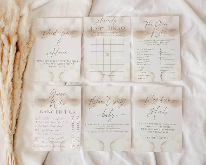 Pu&ograve; includere: Un set di carte da gioco per baby shower stampabili con sfondi ad acquerello. I giochi includono "Predizioni e consigli", "Baby Bingo", "Il prezzo &egrave; giusto", "Indovina chi - Edizione baby", "Non dire baby" e "Caccia al ciuccio".