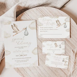 Gender Neutral Stork Baby Shower Invitation Set | Editable Special Delivery Stork Baby Shower Evite | Printable & Digital Stork Baby Shower
