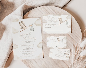 Storch-Babyparty-Einladungs-Set: Gender Neutrales Wolken-Design (Printable & Digital Evite)