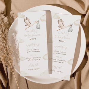 Menu na baby shower Stork neutralne pod względem płci | Edytowalne menu na baby shower Stork ze specjalną dostawą | Wydrukowane i cyfrowe menu na baby shower Stork
