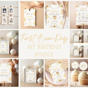 Könnte beinhalten: Ein Set mit druckbaren Dekorationen für eine 1. Geburtstagsparty zum Thema Biene. Das Set enthält ein Willkommens-Schild, ein Dankeschön-Schild, ein Schild mit dem Text "Natalia's First Bee Day", ein Schild mit dem Text "First Bee Day 1st Birthday Time Schedule" und Cupcake-Topper mit Bienen-, Regenbogen- und Blumendesigns.