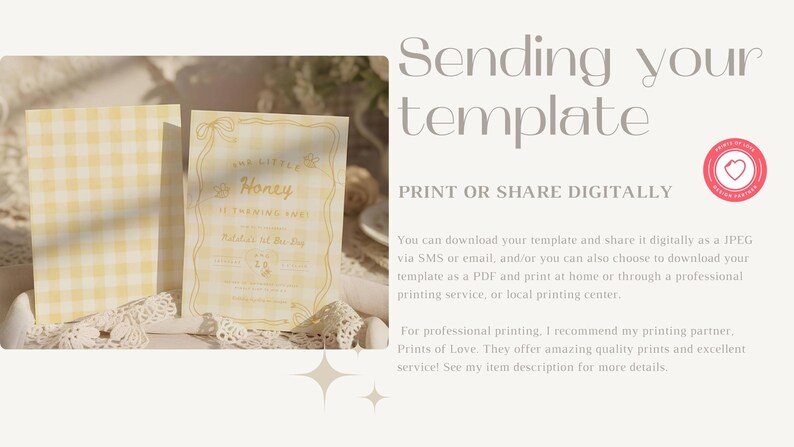 May include: A yellow and white gingham patterned invitation card featuring the text "Our Little Honey is Turning One" with decorative line art borders. The card is displayed alongside a matching blank card, both resting on a white lace fabric surface.