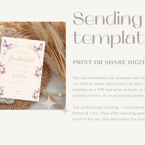 K&ouml;nnte beinhalten: Eine druckbare Einladungsvorlage mit rosa und wei&szlig;em Hintergrund, verziert mit Schmetterlingen und dem Text "You are Enchanted" und "Natalia".