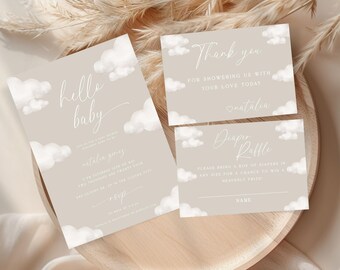 Cloud Baby Shower Invitation Set | Editable Cloud Baby Shower Diaper Raffle,Books for Baby, Thank You card | Printable & Digital Cloud Theme