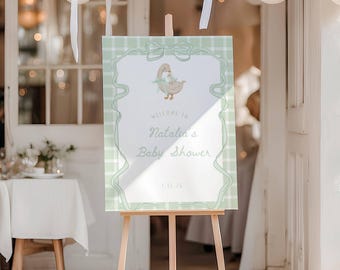 Letrero de bienvenida para baby shower "A Silly Goose is on the Loose": Letrero de bienvenida para baby shower "A Silly Goose is on the Loose" en color verde salvia editable (digital e imprimible)
