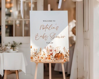 Fall Baby Shower Welcome Sign: Boho Pumpkin Floral (Editable Template)