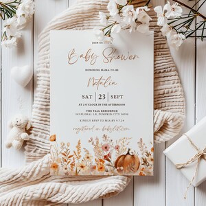 Fall Baby Shower Invitation: Boho Pumpkin Floral Theme (5x7 in, Editable Template) image 6