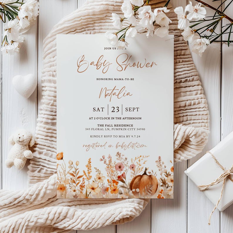 Fall Baby Shower Invitation: Boho Pumpkin Floral Theme (5x7 in, Editable Template) image 6