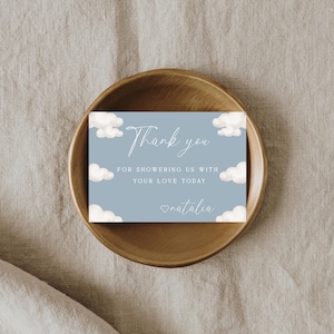 Bearbeitbare moderne Hallo Baby-blaue Wolke-Babyparty-Dankeschön-Karte | Wolken-Babyparty für Jungen | Druckbare & digitale Wolke Baby Shower
