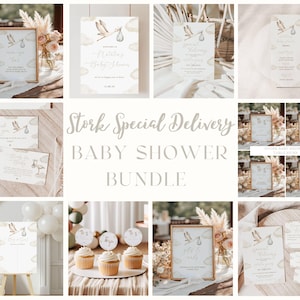 Gender Neutral Stork Baby Shower Bundle | Editable Special Delivery Stork Baby Shower Evite | Printable & Digital Stork Baby Shower Bundle