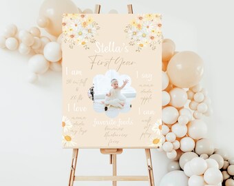 May include: A peach-colored poster with a floral design and a photo of a baby girl. The poster says "Stella's First Year" and includes details about the baby's age, height, weight, favorite foods, and what she can do.