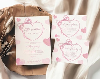 Little Sweetheart Baby Shower Invitation Set: Editable A Little Sweetheart is on the Way Baby Shower Invitation Set, Pink Hearts Valentine's