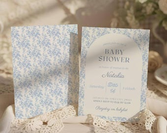 Blue Toile Baby Shower Invitation: Editable Blue Baby In Bloom Toile Baby Shower Invitation