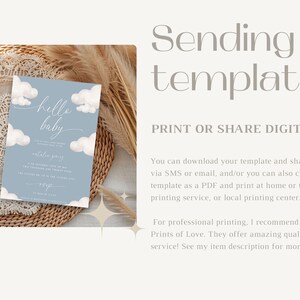 May include: A blue baby shower invitation with white clouds and the text "hello baby". The invitation is on a woven wicker surface. The text "PRINT OR SHARE DIGITALLY" is also included.