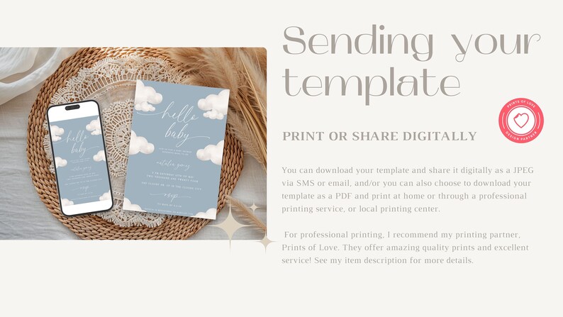May include: A blue baby shower invitation with white clouds and the text "hello baby". The invitation is on a woven wicker surface. The text "PRINT OR SHARE DIGITALLY" is also included.