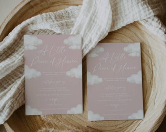 Pink Cloud Baby Shower Invitation: Editable Pink Little Piece of Heaven Baby Shower Invitation Template (Digital and Printable)
