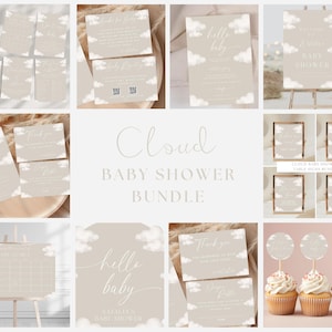 Modernes Wolken-Babyparty-Paket | Bearbeitbare Wolke Beige Babyparty Evite | Druckbares und digitales Hello Baby Cloud Theme Baby Shower Bundle