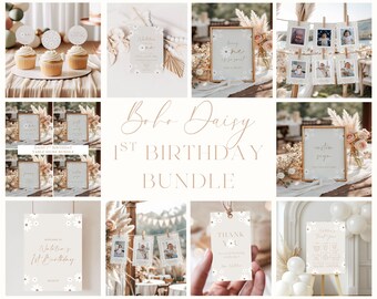 May include: A collection of boho-themed 1st birthday party decorations. The image includes signs, photo displays, cupcake toppers, and a thank you tag, all with a daisy and neutral color scheme. The text "Boho Daisy 1st Birthday Bundle" is displayed.