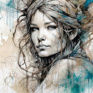 Puede incluir: Una pintura de acuarela de una mujer con el pelo largo y suelto. Lleva una pañoleta azul y marrón. El fondo es de color marrón claro con salpicaduras de azul y verde.