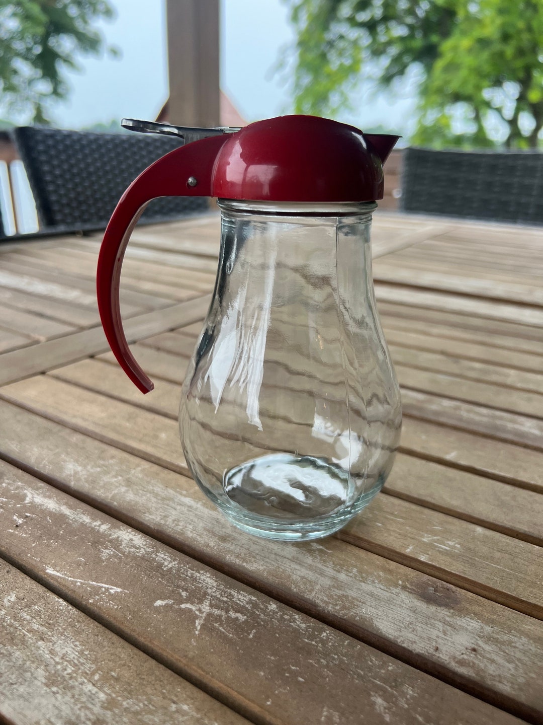 Dripcut Syrup Dispenser Pitcher Vintage Red Lid Retro Kitchen