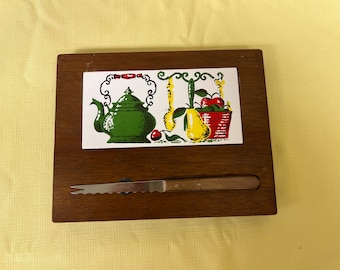 Wooden cutting board cheese tray ceramic tile charcuterie vintage TheTradingStation2