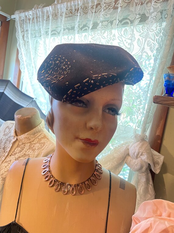 50’s Hat, Brown Velour Feather Beret main image 0