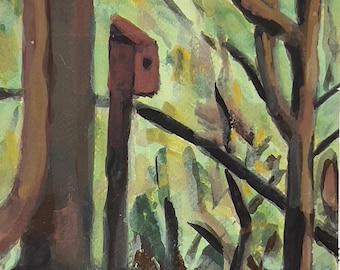 Hidden Haven, Birdhouse in Brownwood Park, Atlanta, Georgia, Original Gouache Painting