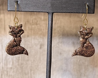 Fox with gold glitter polymer clay earrings