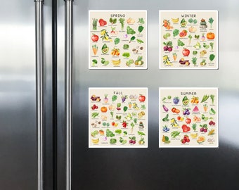 Seasonal Produce Guide Magnet Set Of 4 - Visual Kitchen Companion in 3 Sizes (3x3, 4x4, 6x6)