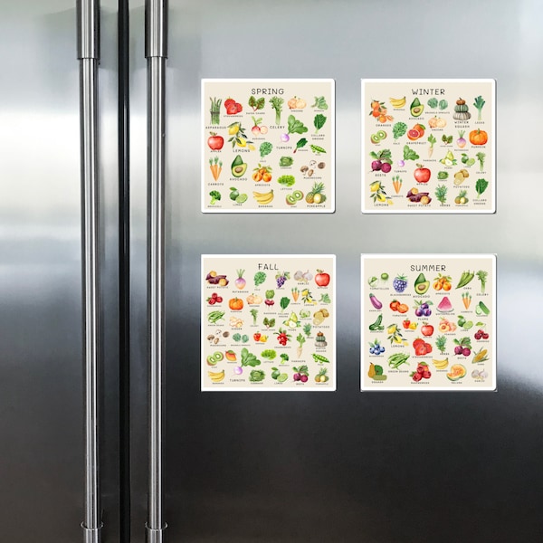 Seasonal Produce Guide Magnet Set Of 4 - Visual Kitchen Companion in 3 Sizes (3x3, 4x4, 6x6)