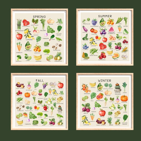 Seasonal Produce Guide Printable set of 4, Kitchen Companion, Set of 4 images, Digital Download