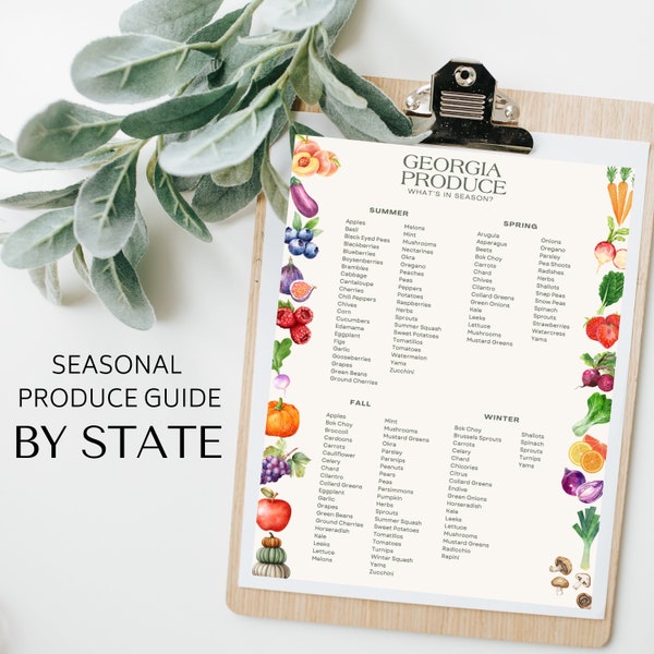 State-Specific Seasonal Produce Guide: Printable Digital File 8.5 x 11