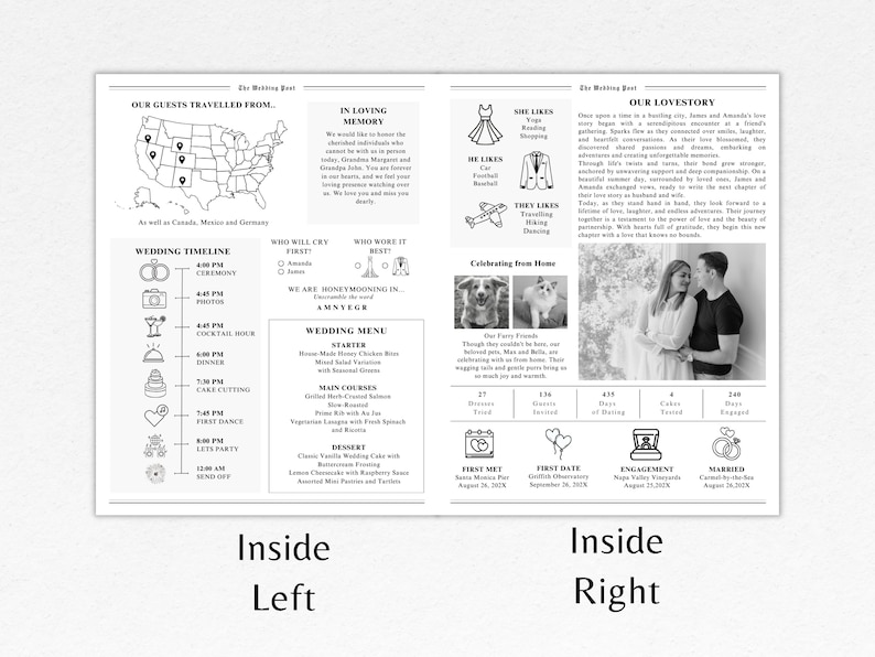 Plantilla de programa de boda en periódico / Programa de boda editable / Periódico de boda plegado / Plantilla de periódico de boda Canva imagen 5