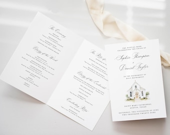 May include: White wedding programs with elegant calligraphy. The front of the program features the names Sophie Thompson and Daniel Taylor, along with a watercolor illustration of a church. The program details the ceremony's order.
