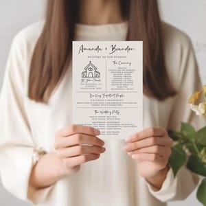 Puede incluir: Un programa de ceremonia de boda con los nombres Amanda y Brandon en la parte superior. El programa incluye los detalles de la ceremonia, una lista de personas importantes y la fiesta de bodas.