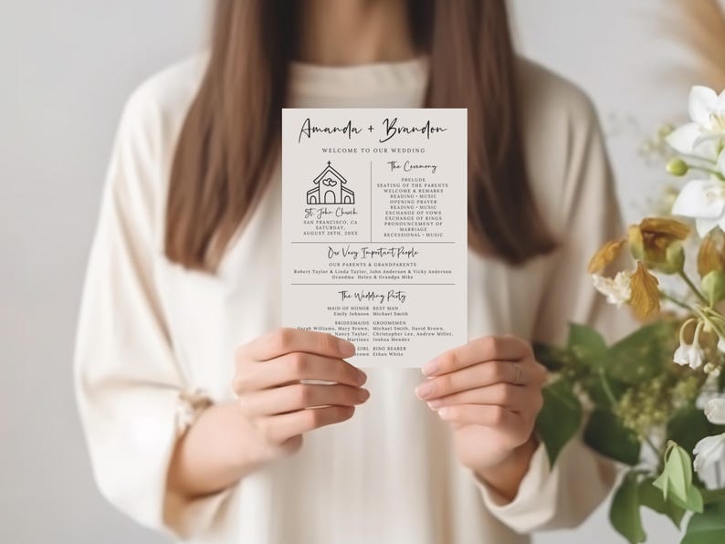 Puede incluir: Un programa de ceremonia de boda con los nombres Amanda y Brandon en la parte superior. El programa incluye los detalles de la ceremonia, una lista de personas importantes y la fiesta de bodas.