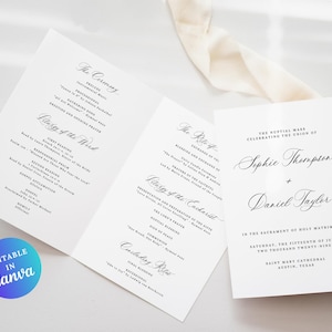 Op de afbeelding: Een wit trouwprogramma met elegante kalligrafie. Het programma is open en toont de ceremoniële details, en een aparte kaart toont de namen Sophie Thompson en Daniel Taylor, samen met de trouwdatum.