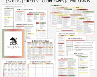 May include: A printable cleaning bundle for people with ADHD. The bundle includes checklists, chore cards, and chore charts for different areas of the home, such as the kitchen, bathroom, and bedroom. The bundle also includes a home declutter checklist, a pet cleaning checklist, and a deep clean checklist. The bundle is designed to help people with ADHD stay organized and on top of their cleaning.